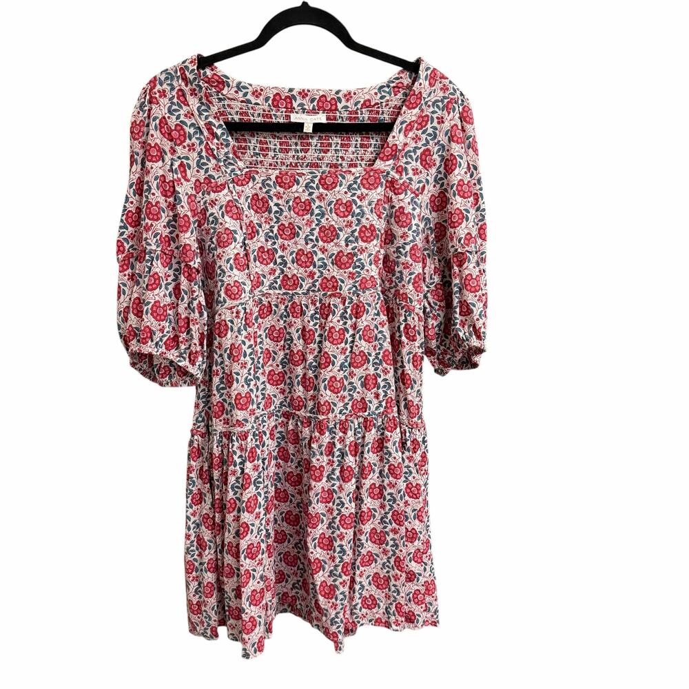 Anna Cate Quilted Square Neck Puff Sleeve Cotton Mini Dress Floral Womens Large